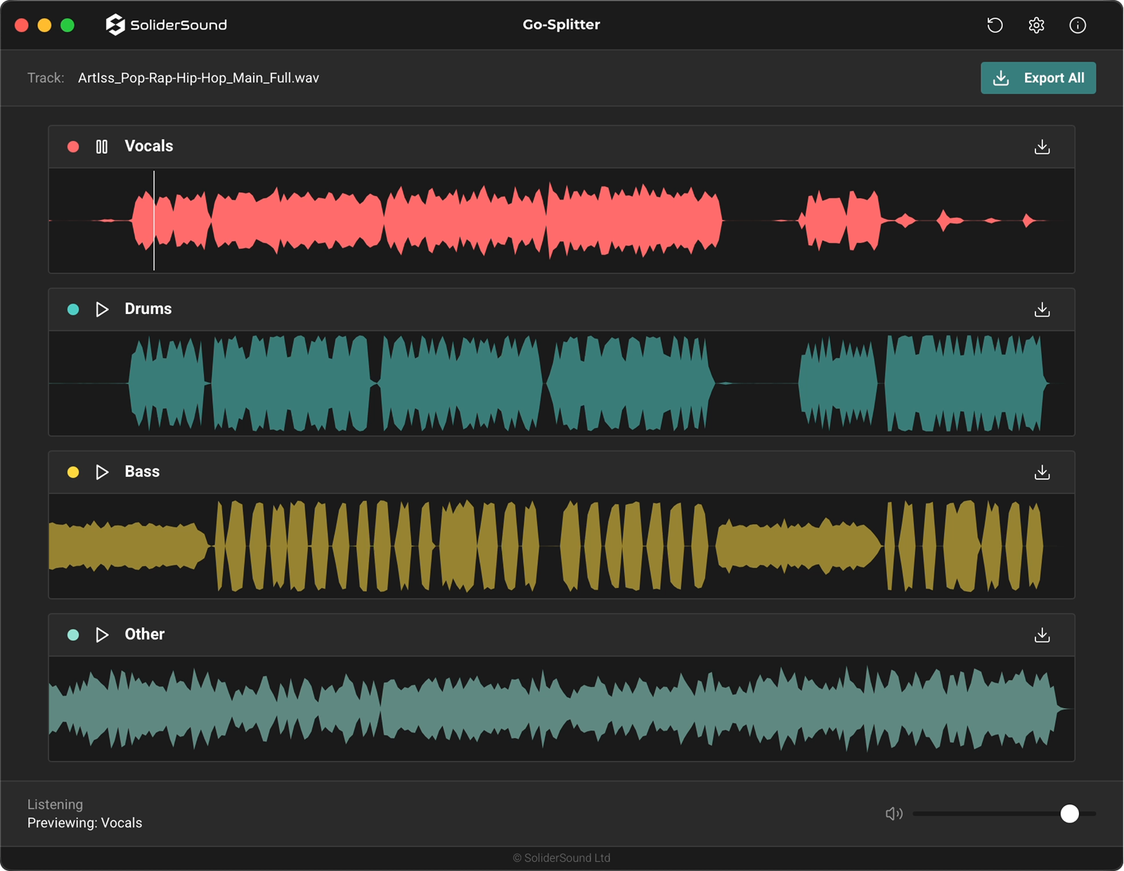 Go-Splitter — Preview stems with color-coded waveforms